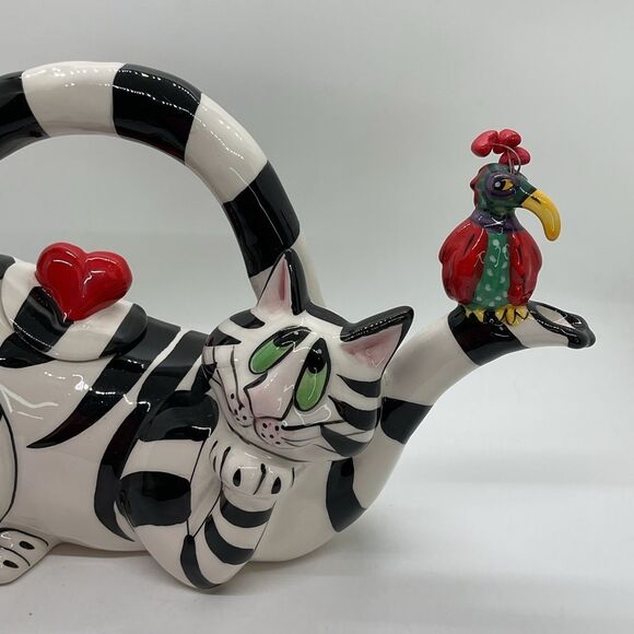 Blue Sky Clancy Heart Striped Cat Teapot with Parrot Accent - Picture 3 of 9